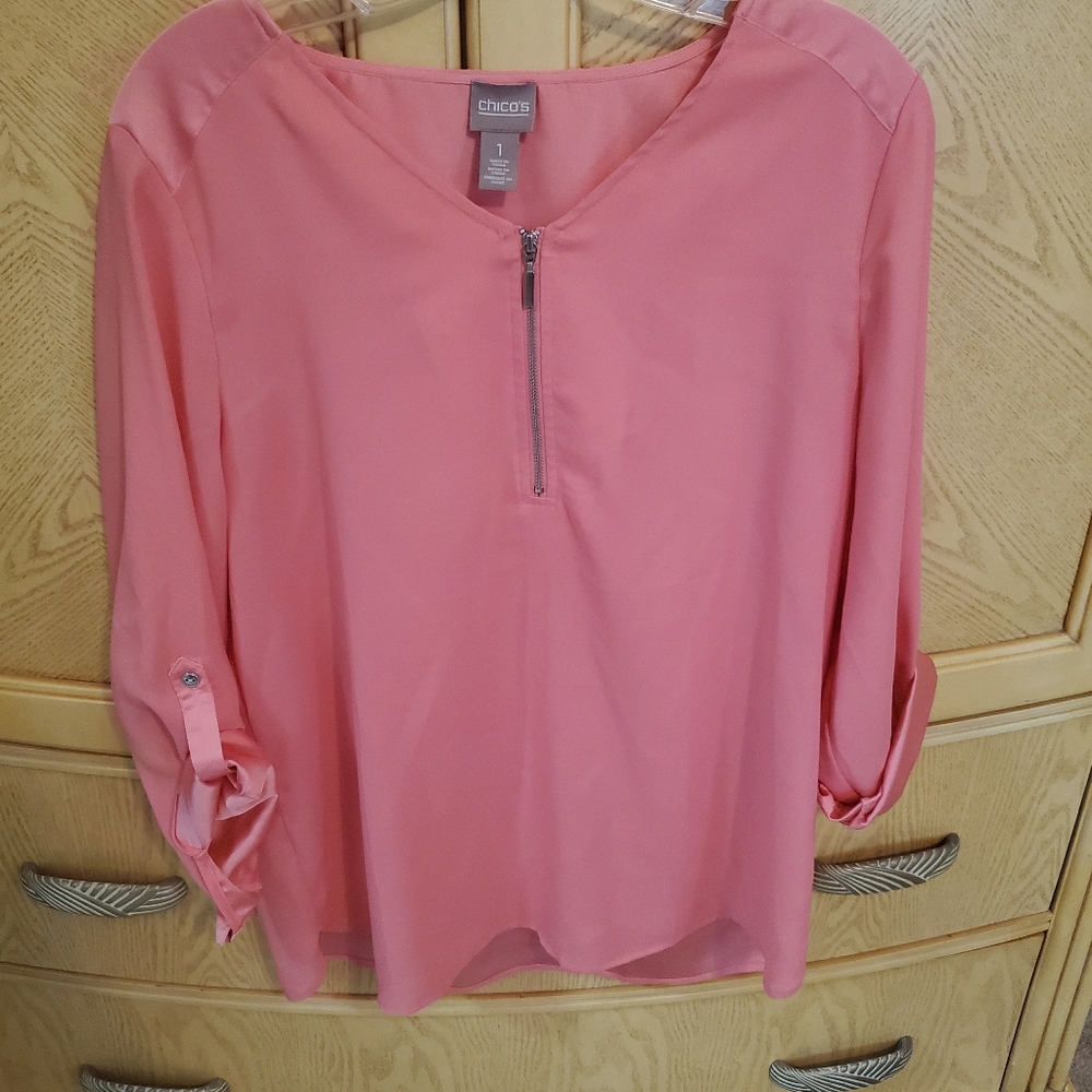 Chicos peachy pink silky 3 quarter shirt. Never worn. Chicos sz 1. Us 8-10